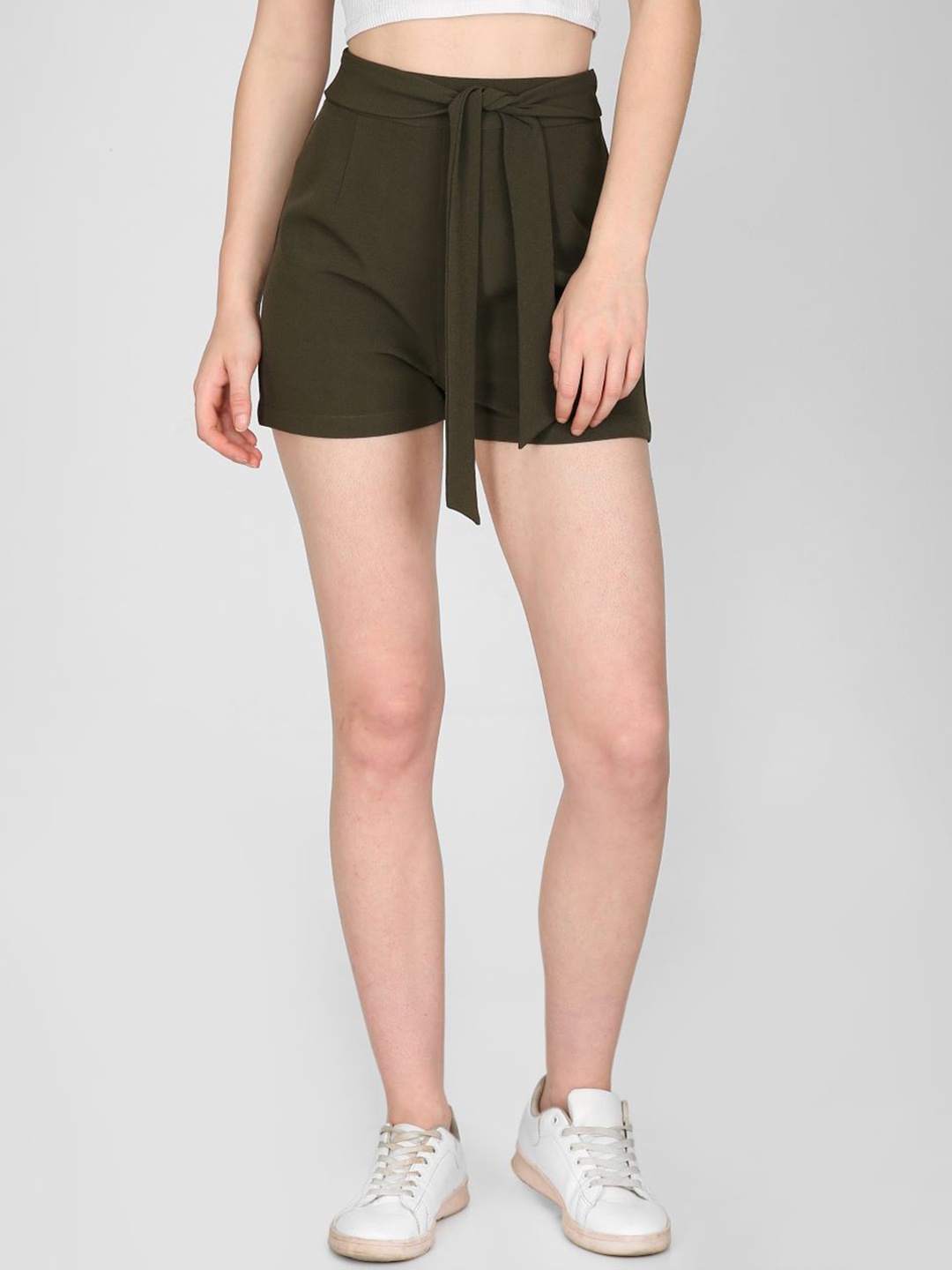 

I Love She Women Olive Green Front Tie Knots High-Rise Shorts