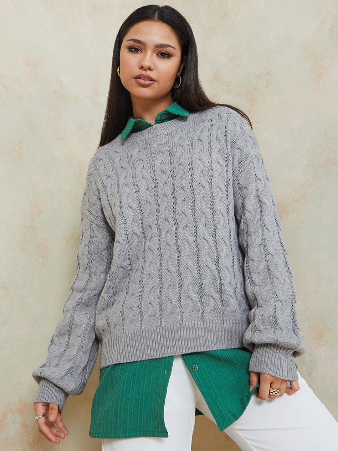 

Styli Women Grey Cable Knit Long Volume Sleeves Regular Fit Sweater