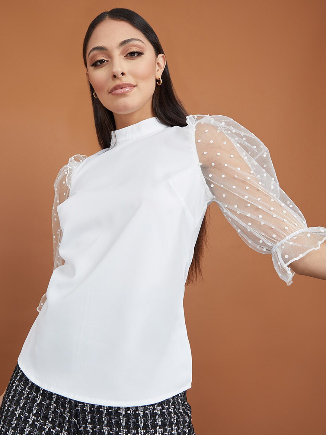 

Styli Women White Mesh Insert Spot Sleeves High Neck Regular Fit Blouse