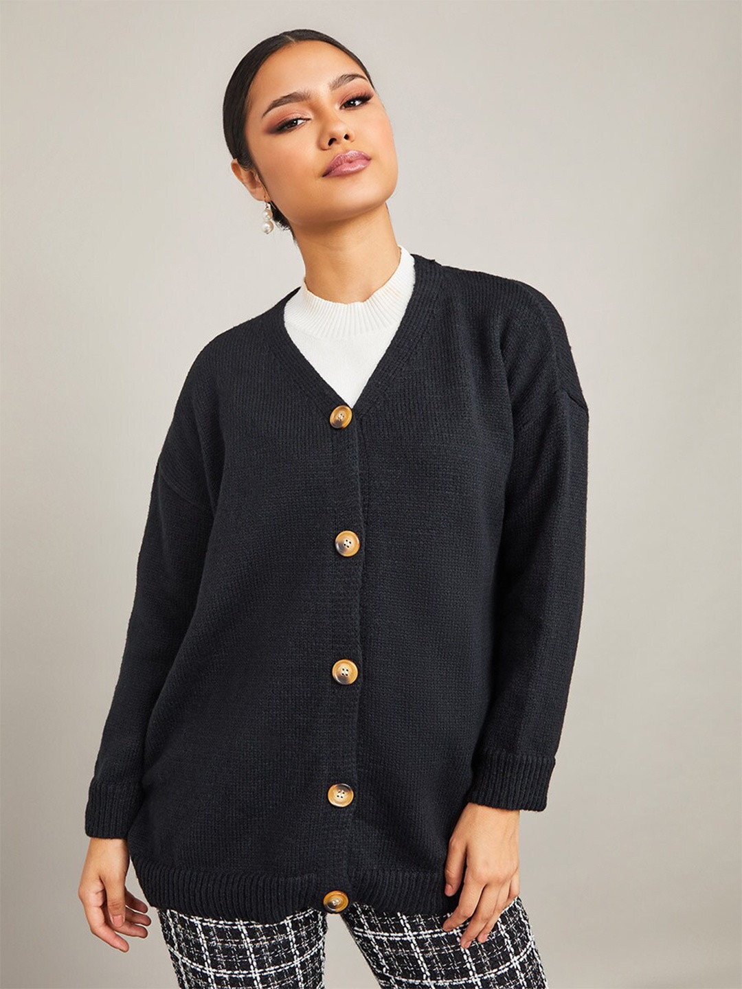 

Styli Women Black Longline Button Through Oversized Cardigan