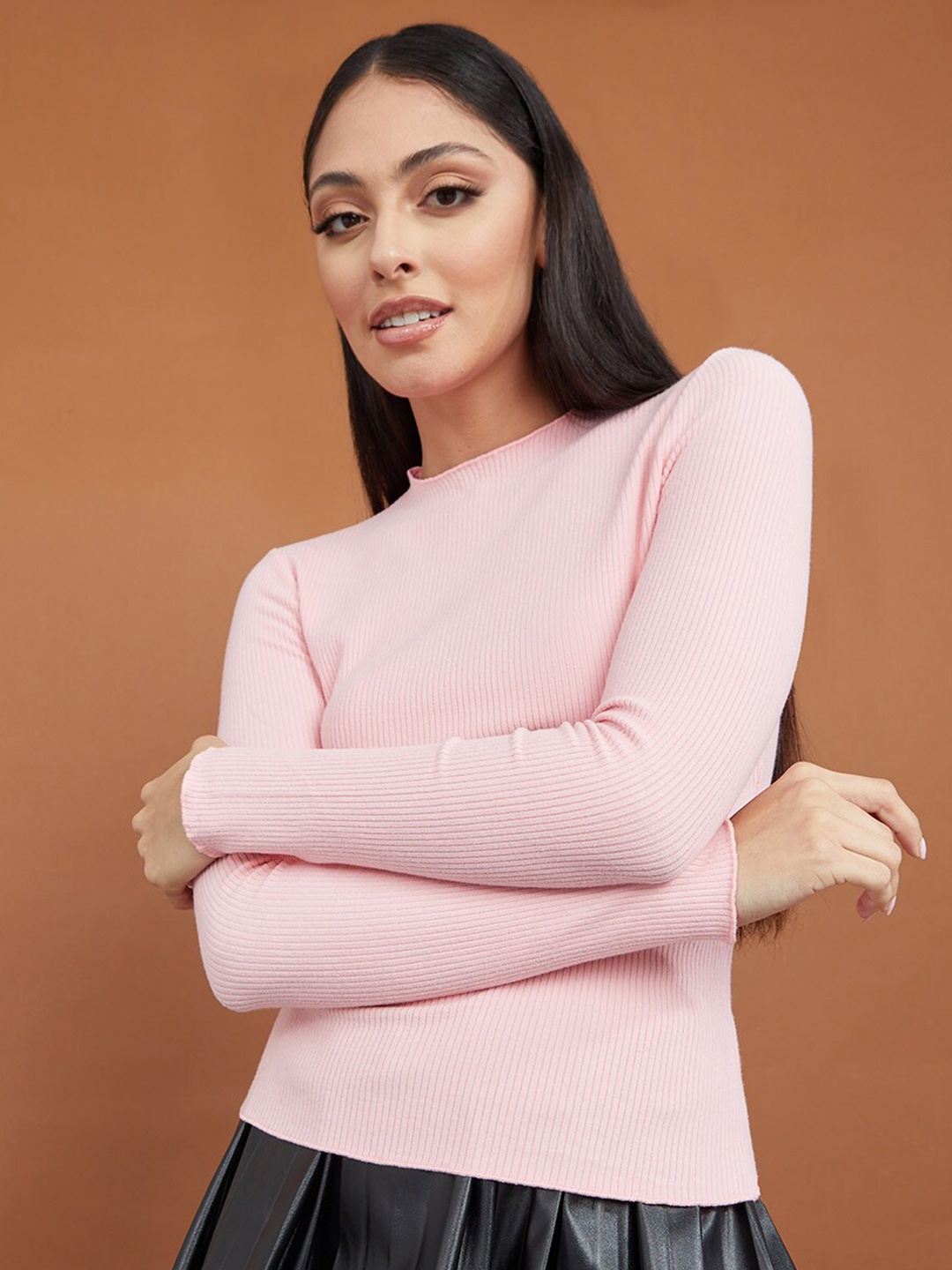 

Styli Women Pink Long Sleeves High Neck Ribbed Lettuce Edge Detail Fitted T-shirt