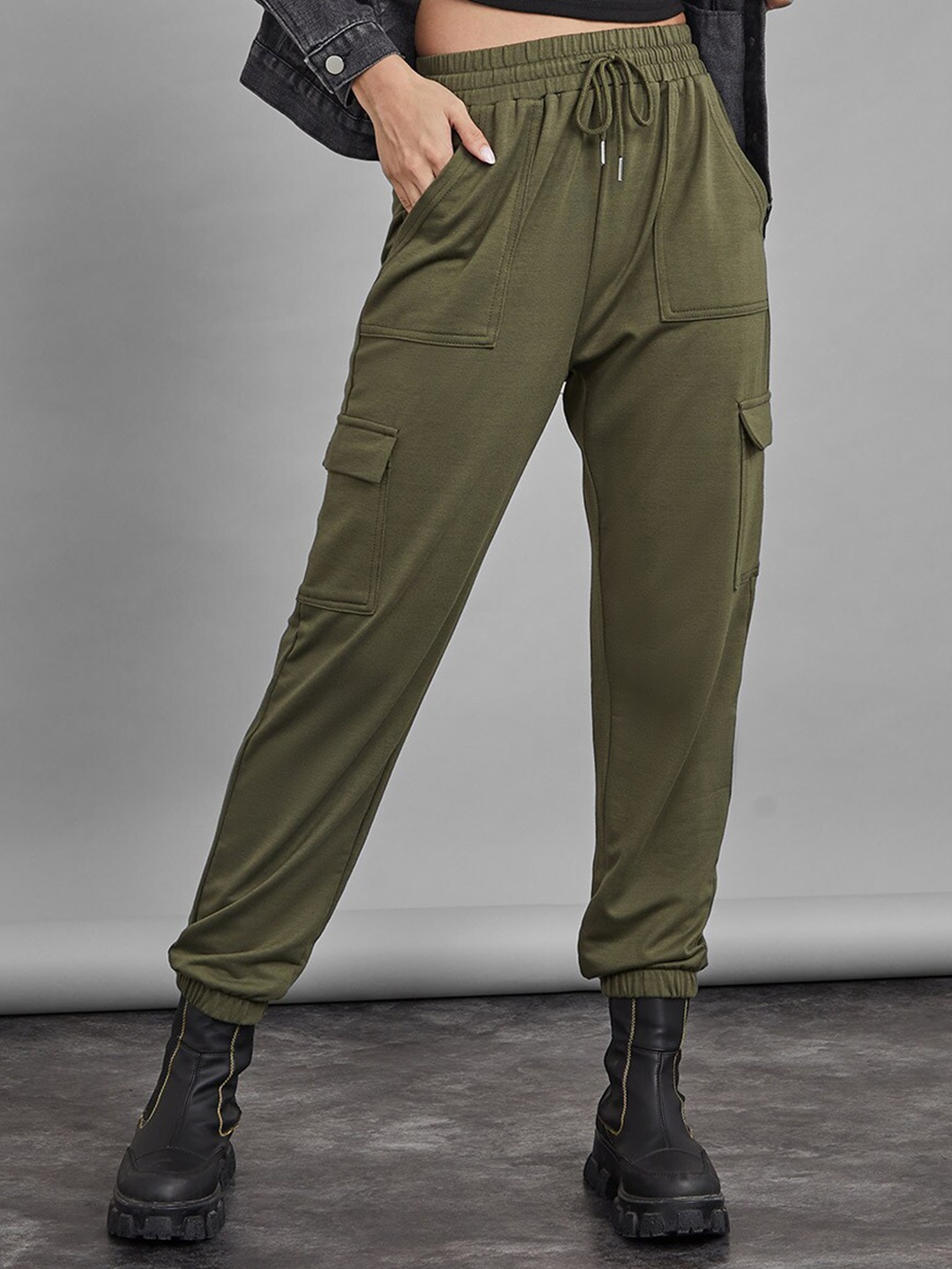 

Styli Women Khaki Cargo Pocket Detail Cuffed Jogger with Drawstring