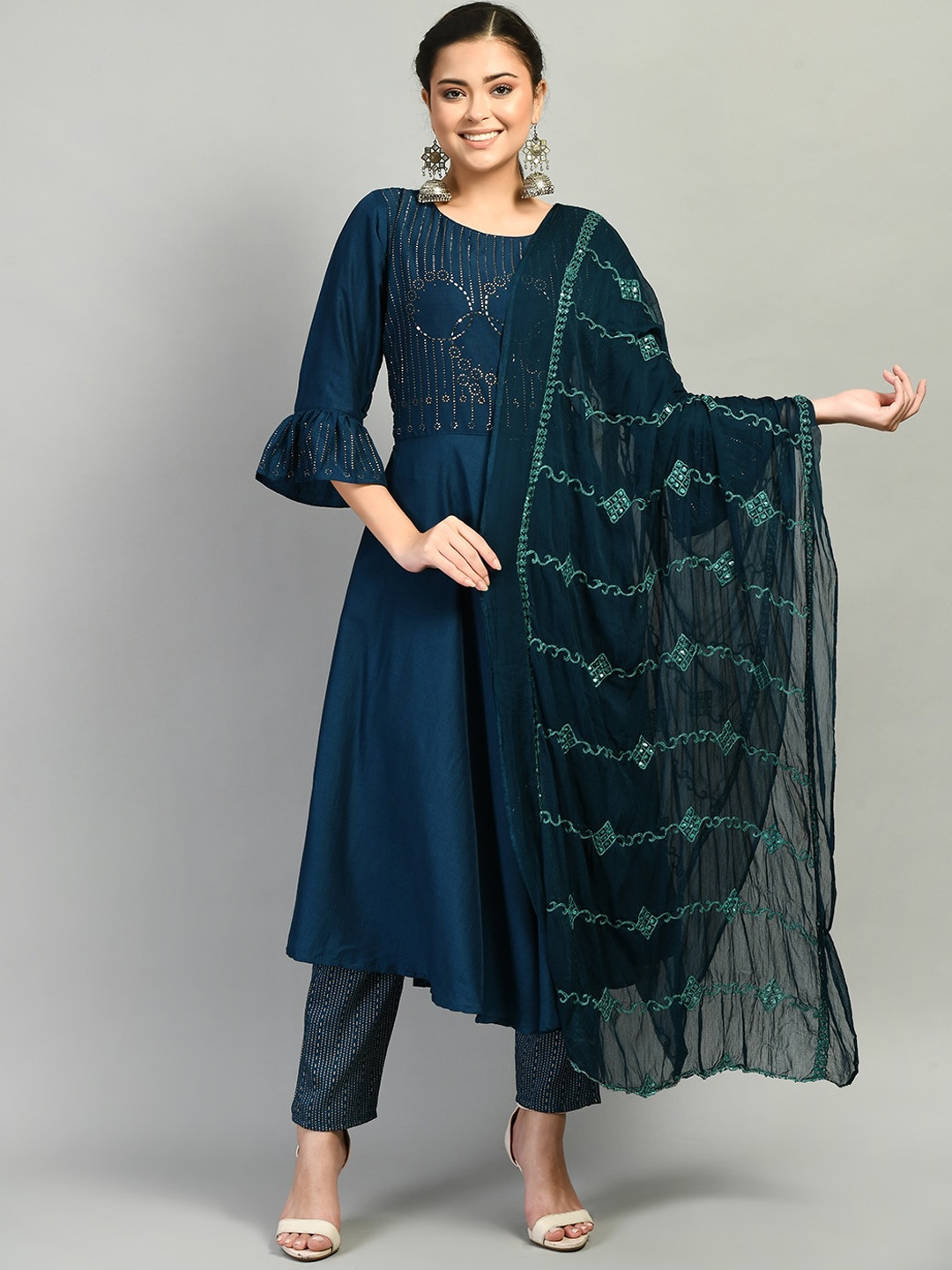 

DesiNoor com Women Teal Embroidered A-Line Kurta with Trousers & With Dupatta