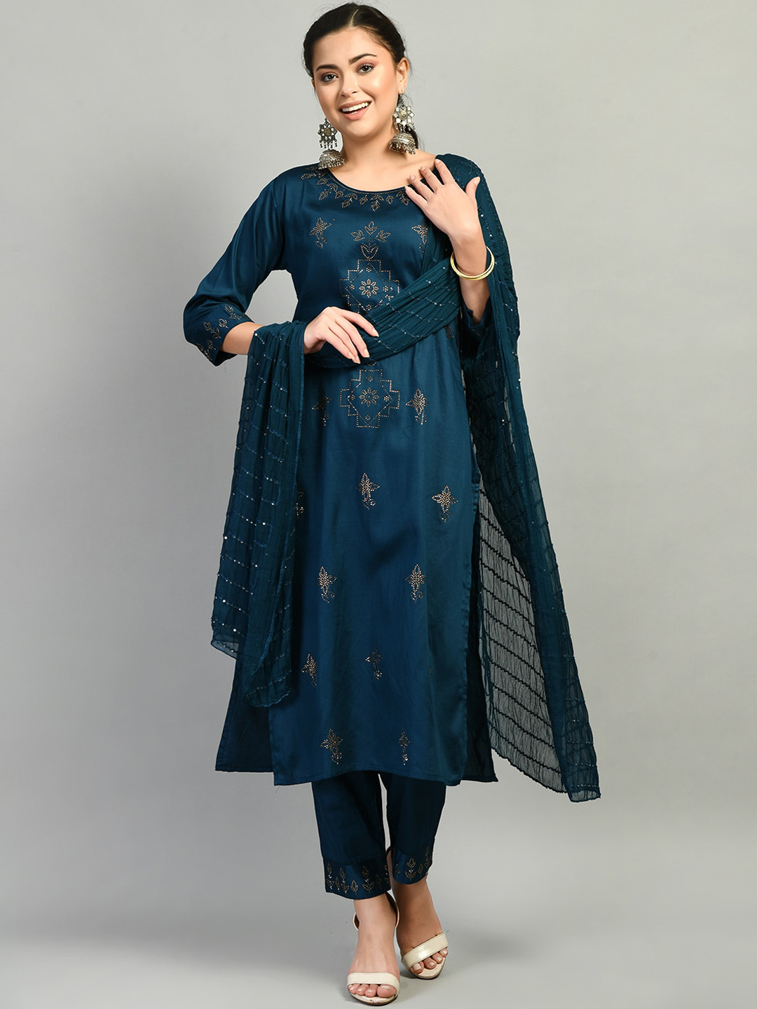

DesiNoor com Women Teal Kurta with Trousers & With Dupatta
