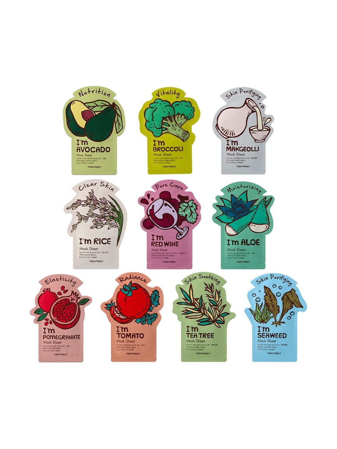 

TONYMOLY All You Need Set of 10 Face Sheet Masks - 21 g Each, Green