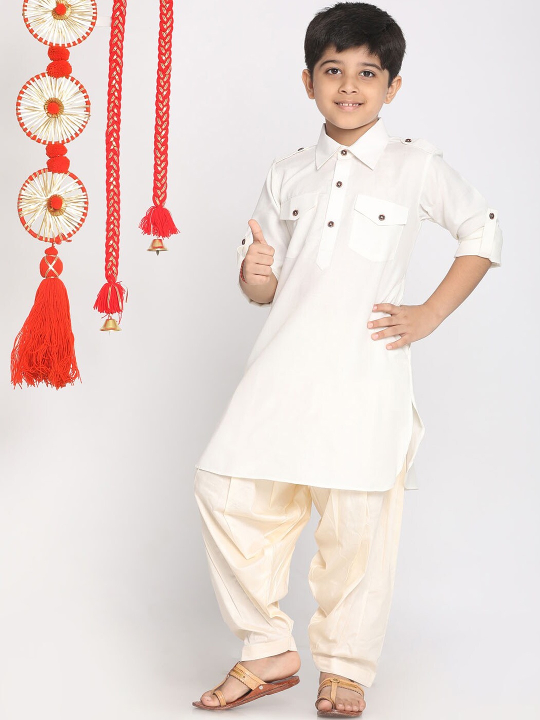 

VASTRAMAY Boys Cream-Coloured Pathani Style Kurta with Patiala