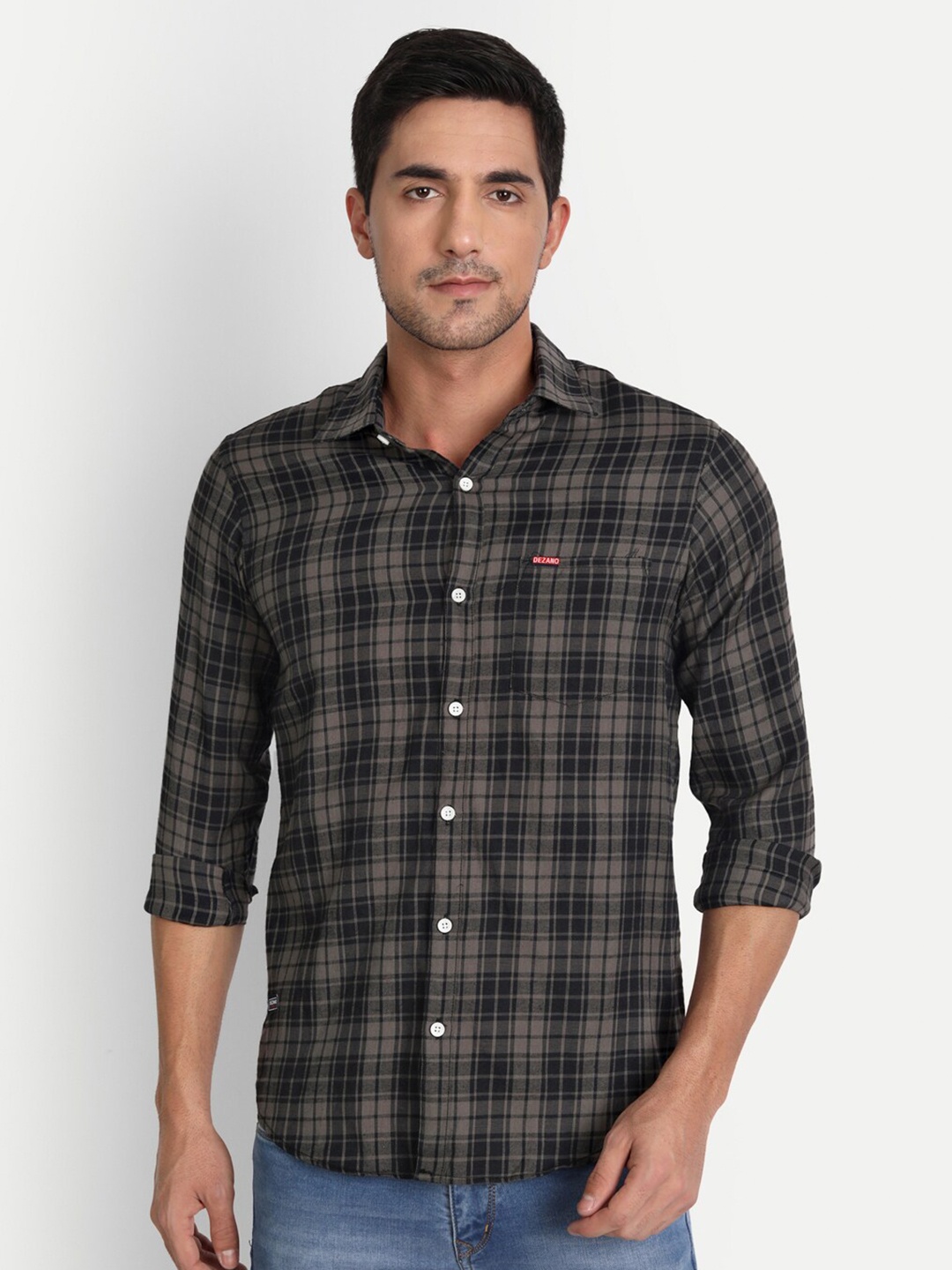 

DEZANO Men Grey & Black Comfort Tartan Checked Casual Cotton Shirt