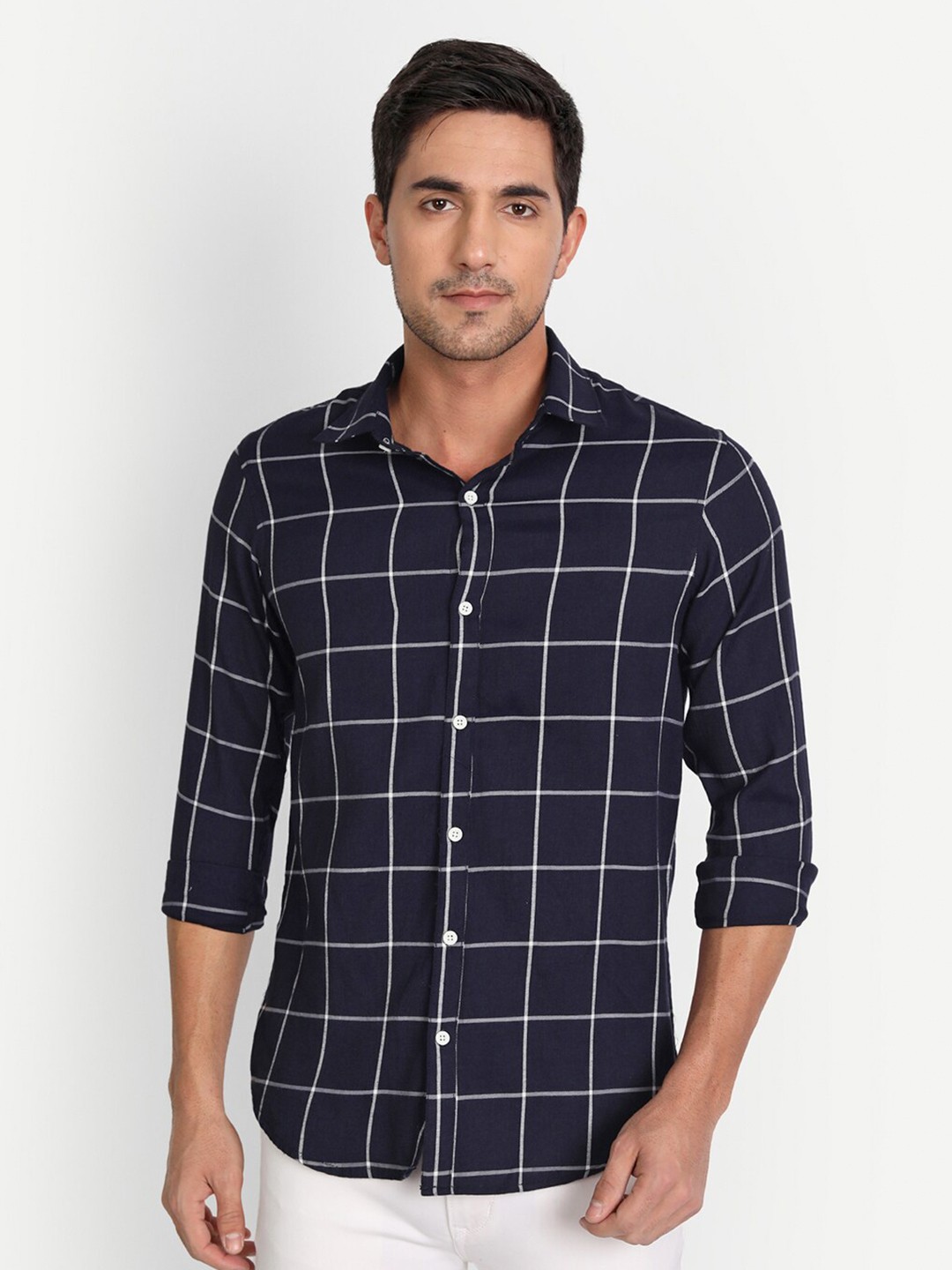 

DEZANO Men Navy Blue & White Checked Cotton Casual Shirt