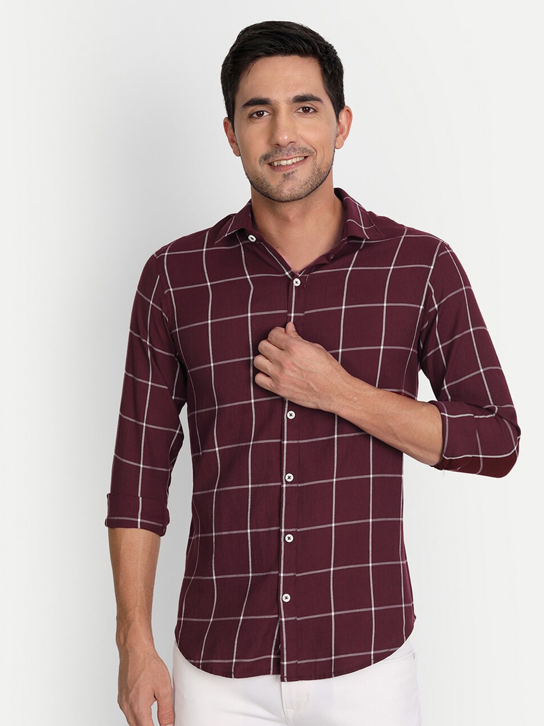 

DEZANO Men Maroon Comfort Windowpane Checked Cotton Casual Shirt