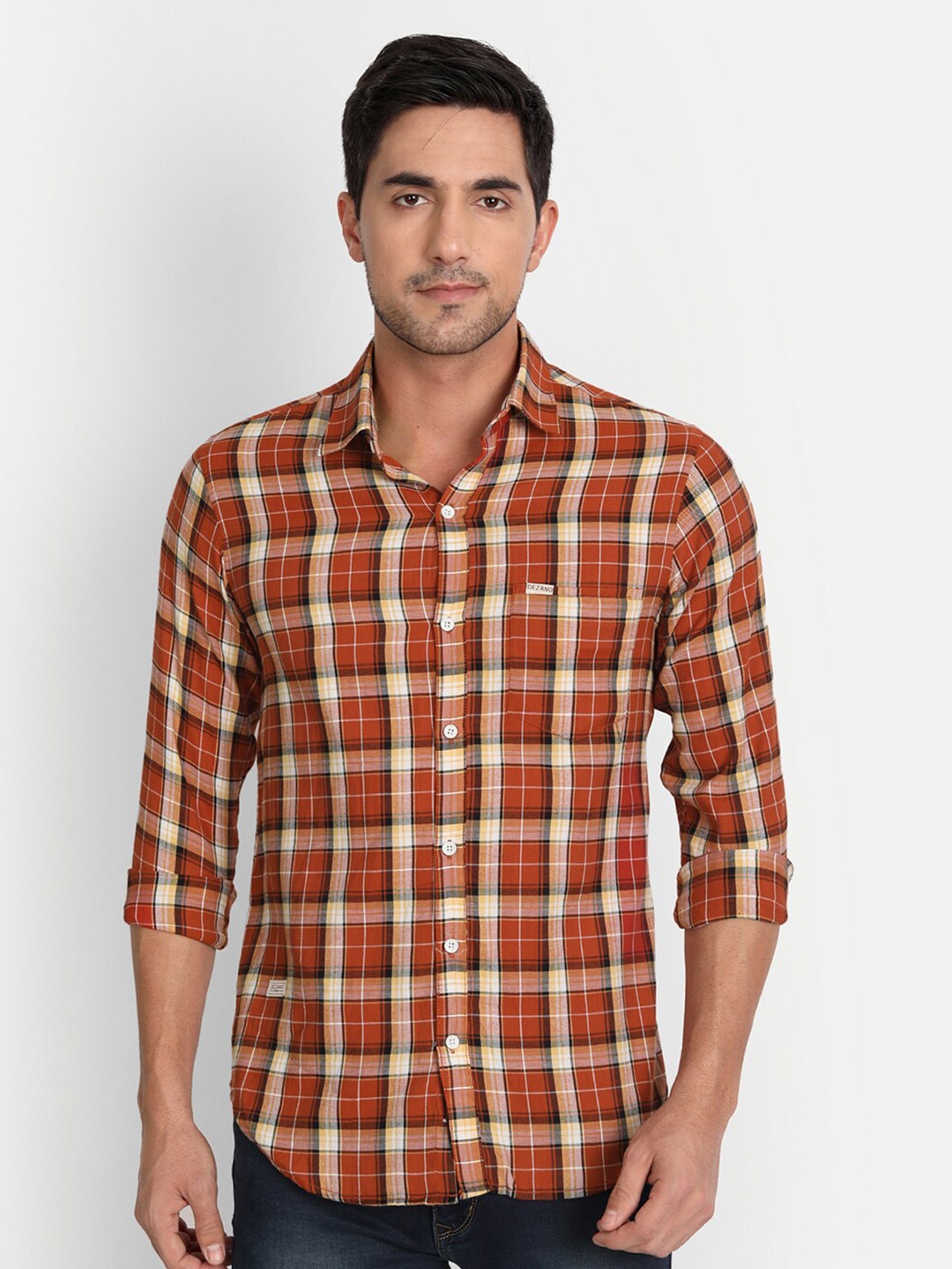 

DEZANO Men Orange Comfort Checked Cotton Casual Shirt