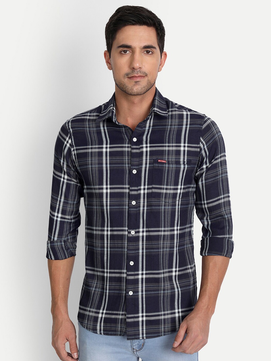 

DEZANO Men Navy Blue Comfort Tartan Checks Checked Cotton Casual Shirt