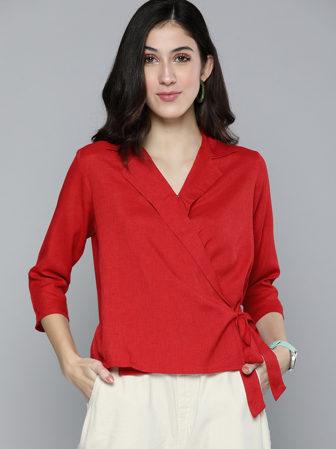 

Harvard Women Solid Notch-Lapel Wrap Top With Tie-Ups Detail, Red
