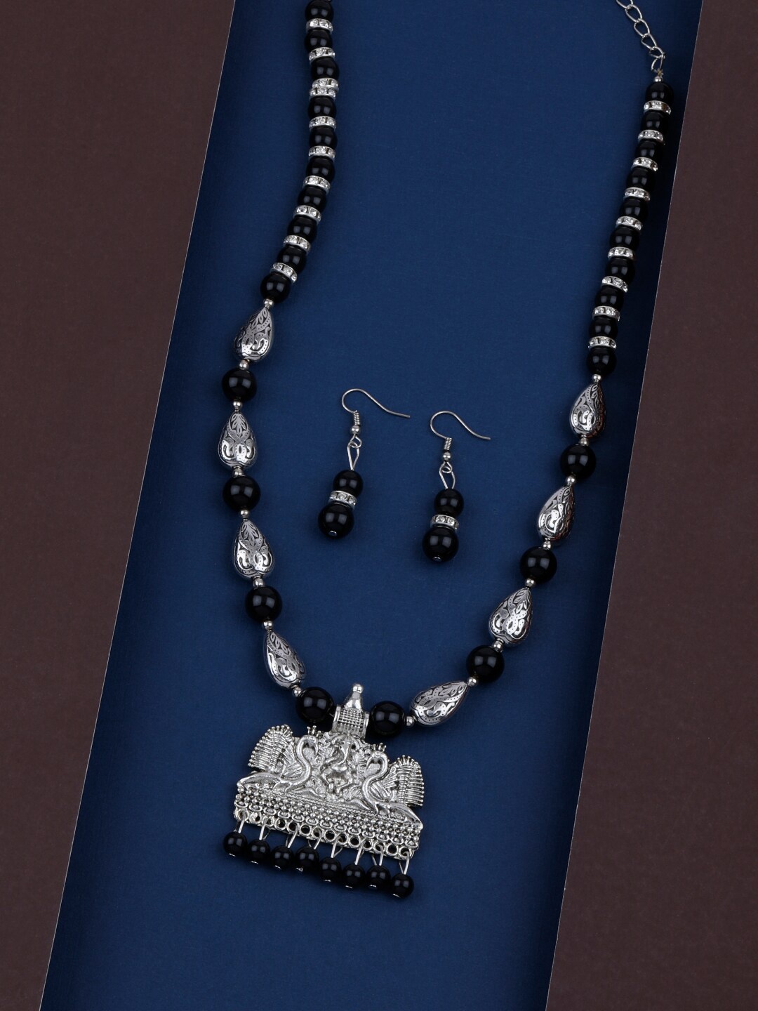 

Silver Shine Silver-Plated & Toned Black Artificial Beads Studded Jewellery Set