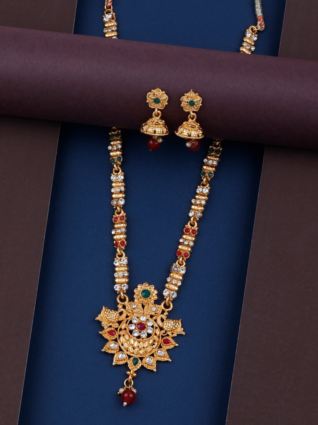 

Silver Shine Gold-Plated White & Red Stone Studded & Pearls Beaded Jewellery Set