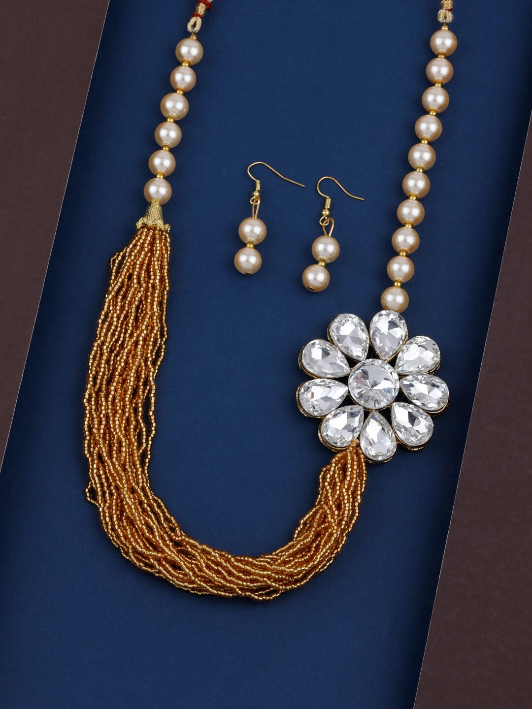 

Silver Shine Gold-Plated White Stone Studded & Pearls Beaded Jewellery Set