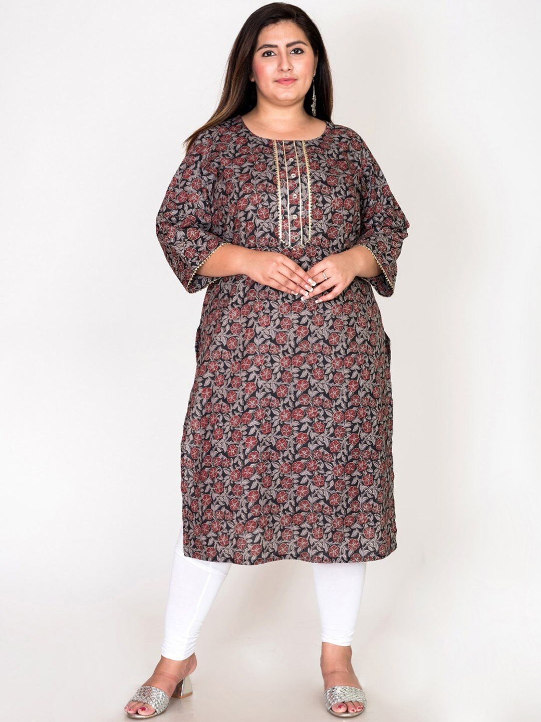 

Swasti Women Plus Size Black & Brown Ethnic Motifs Printed Gotta Patti Kurta