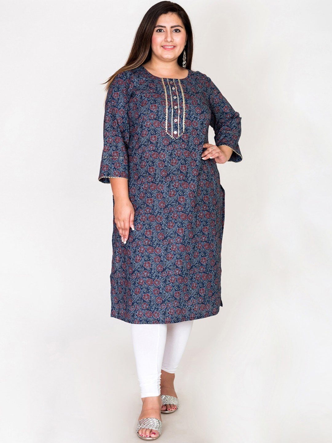 

Swasti Women Plus Size Blue Floral Printed Gotta Patti Straight Pure Cotton Kurta