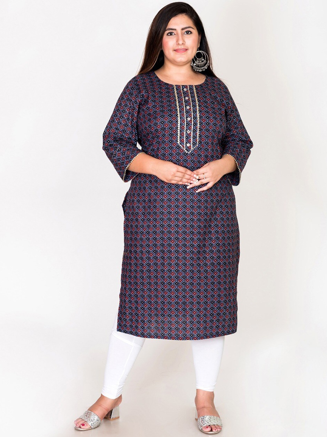 

Swasti Women Plus Size Blue Ethnic Motifs Printed Gotta Patti Straight Pure Cotton Kurta