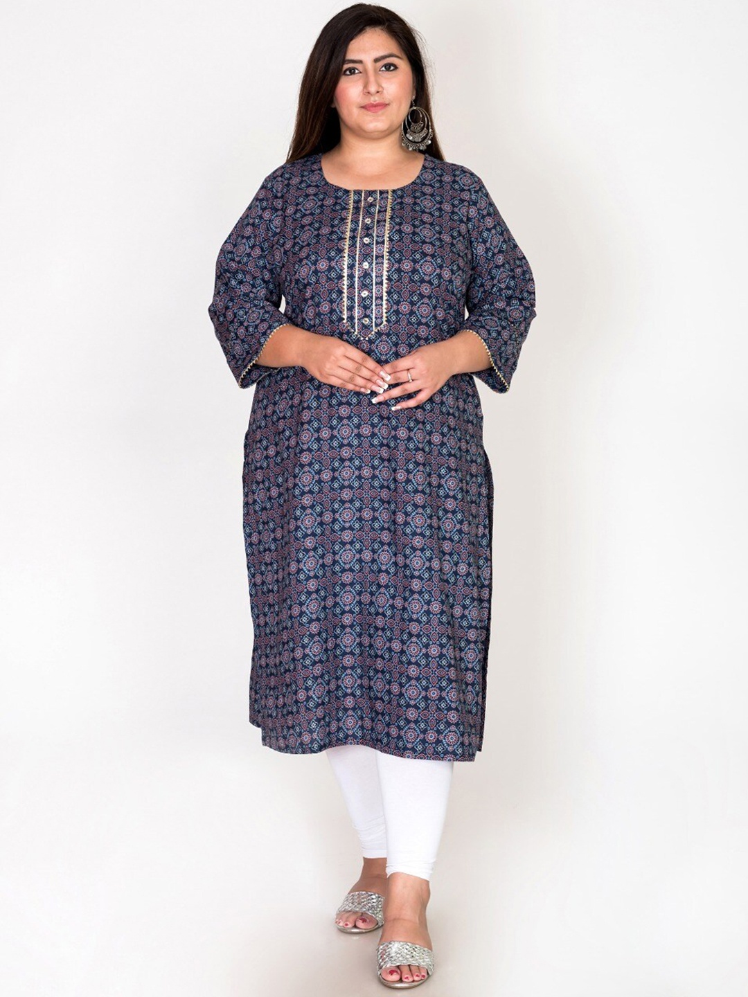 

Swasti Women Plus Size Blue Ethnic Motifs Printed Gotta Patti Pure Cotton Kurta
