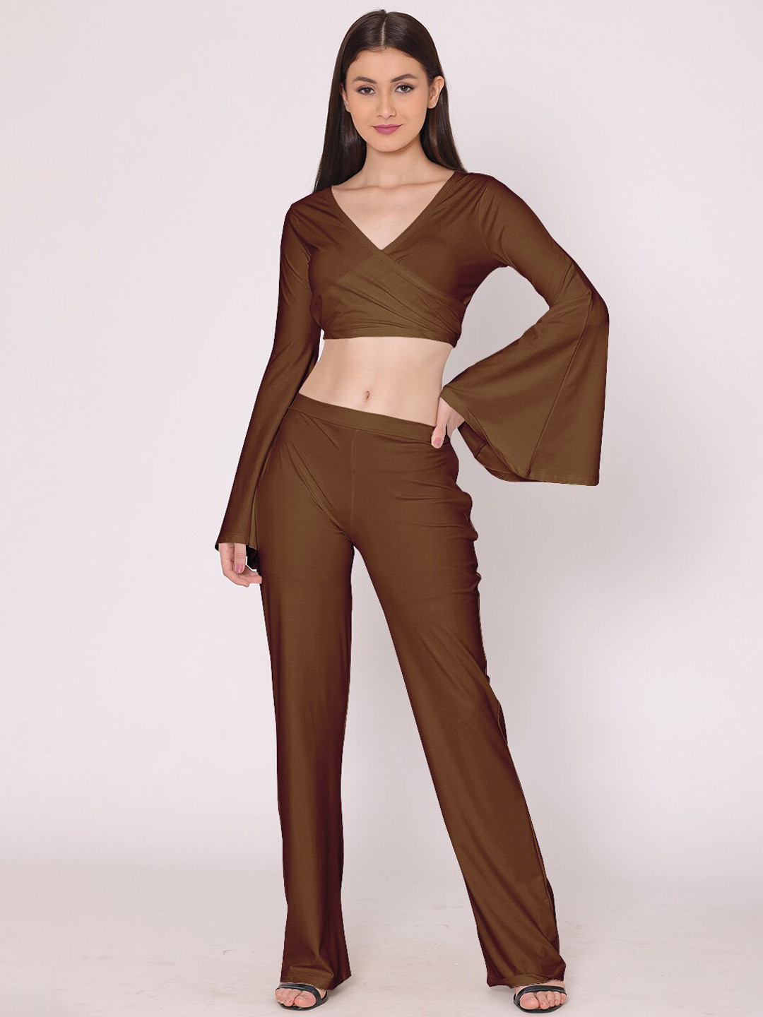 

HERE&NOW Women Brown Solid Wrap Crop Top With Solid Trouser