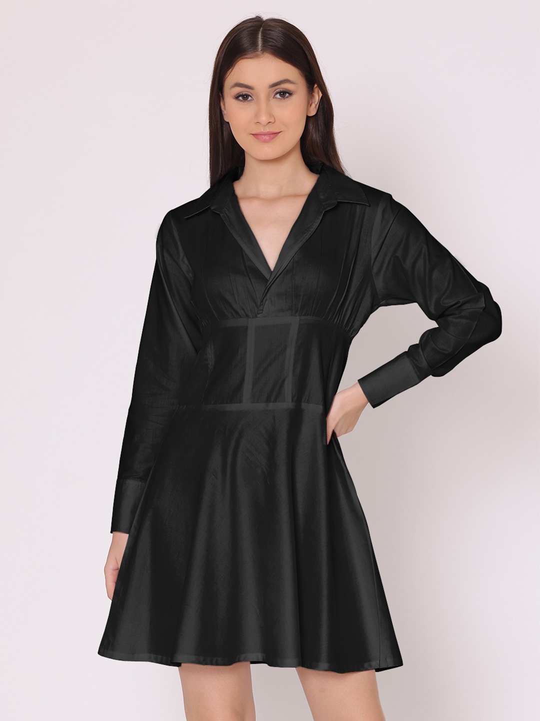 

HERE&NOW Black Satin Solid A-Line Dress