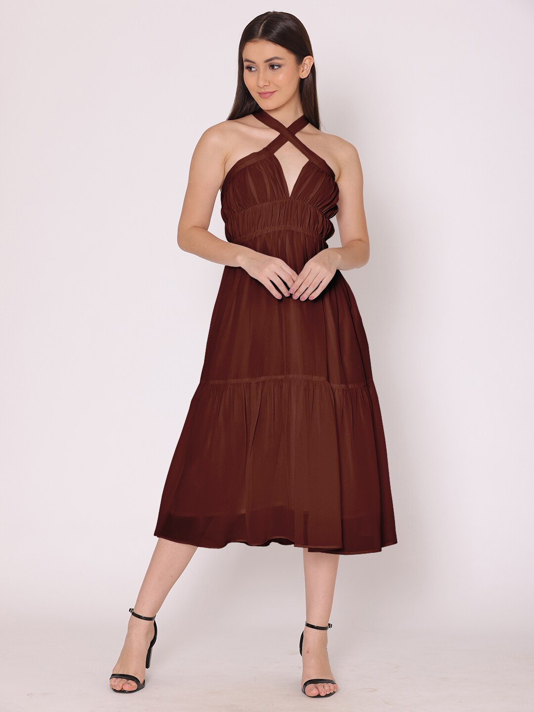 

HERE&NOW Brown Halter Neck Georgette A-Line Midi Dress