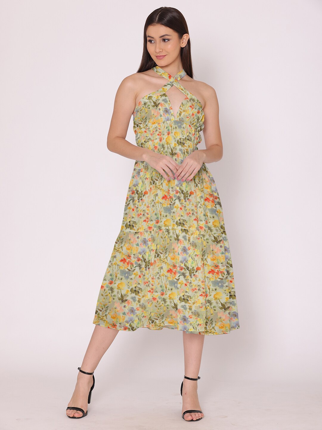 

HERE&NOW Olive Green & Yellow Floral Halter Neck Georgette Midi Dress