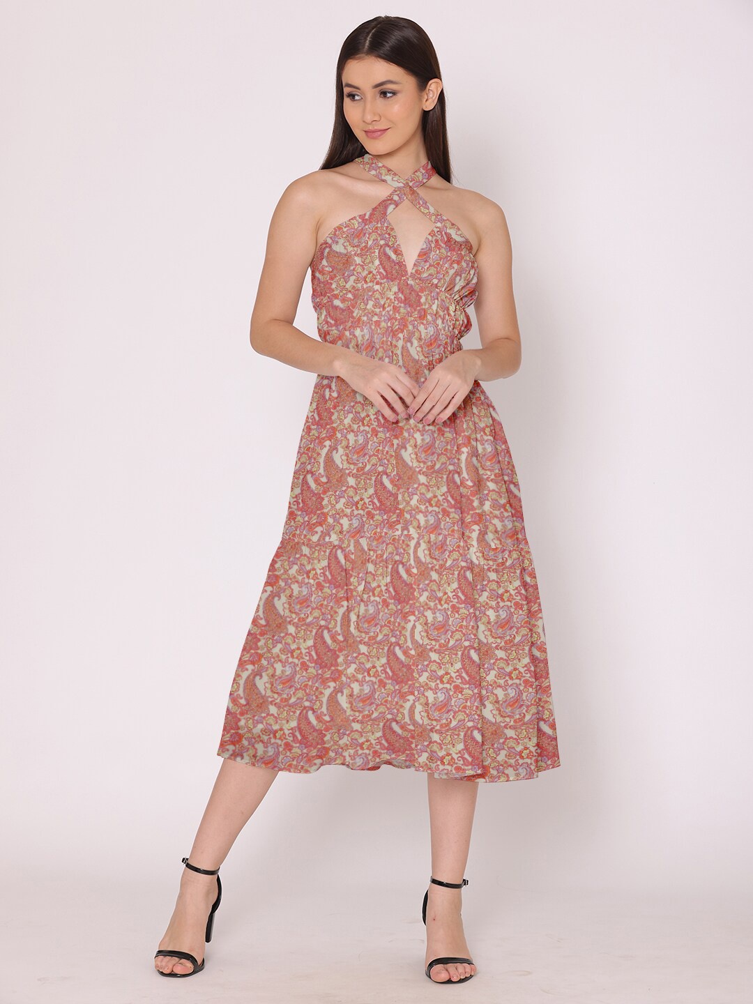 

HERE&NOW Women Peach-Coloured & Cream-Coloured Floral Georgette Midi Dress