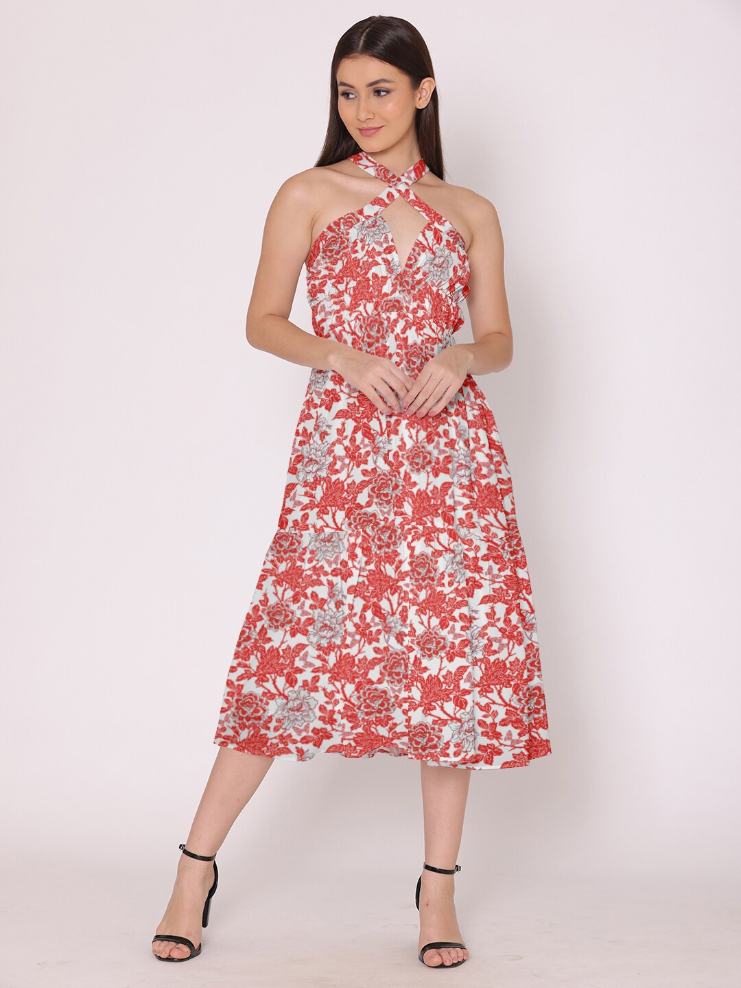 

HERE&NOW Women Red & White Floral Halter Neck Cross Strap Georgette Midi Dress