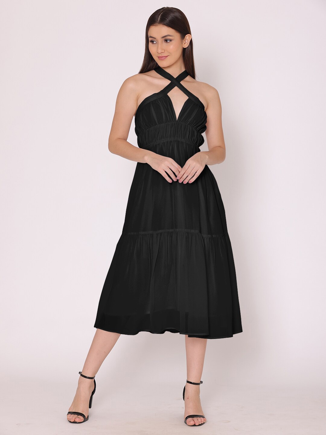 

HERE&NOW Black Halter Neck Georgette Midi Dress