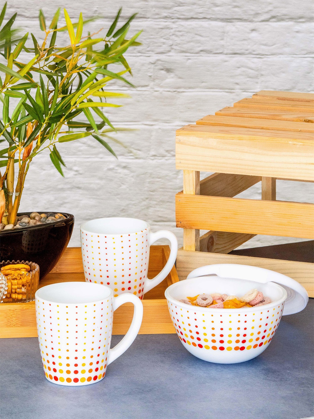 

Cello 3 Pieces White & Orange Printed Opalware Glossy Mug and Bowl Set