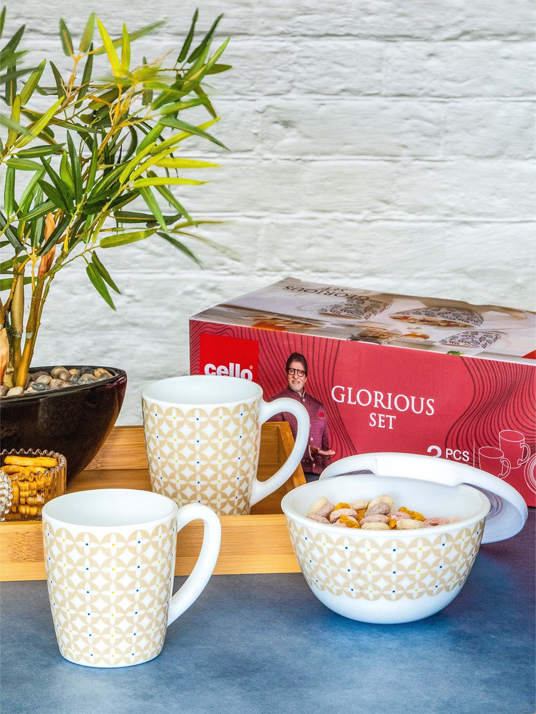 

Cello 3 Pieces White & Orange Ethnic Motifs Printed Opalware Glossy Mug and Bowl Set