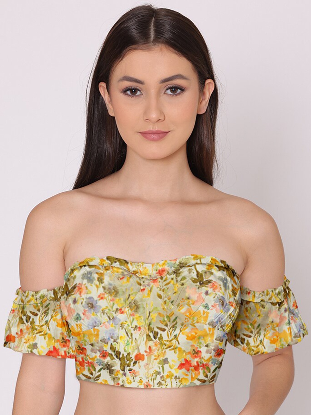 

HERE&NOW Women Beige Floral Print Off-Shoulder Bardot Crop Top