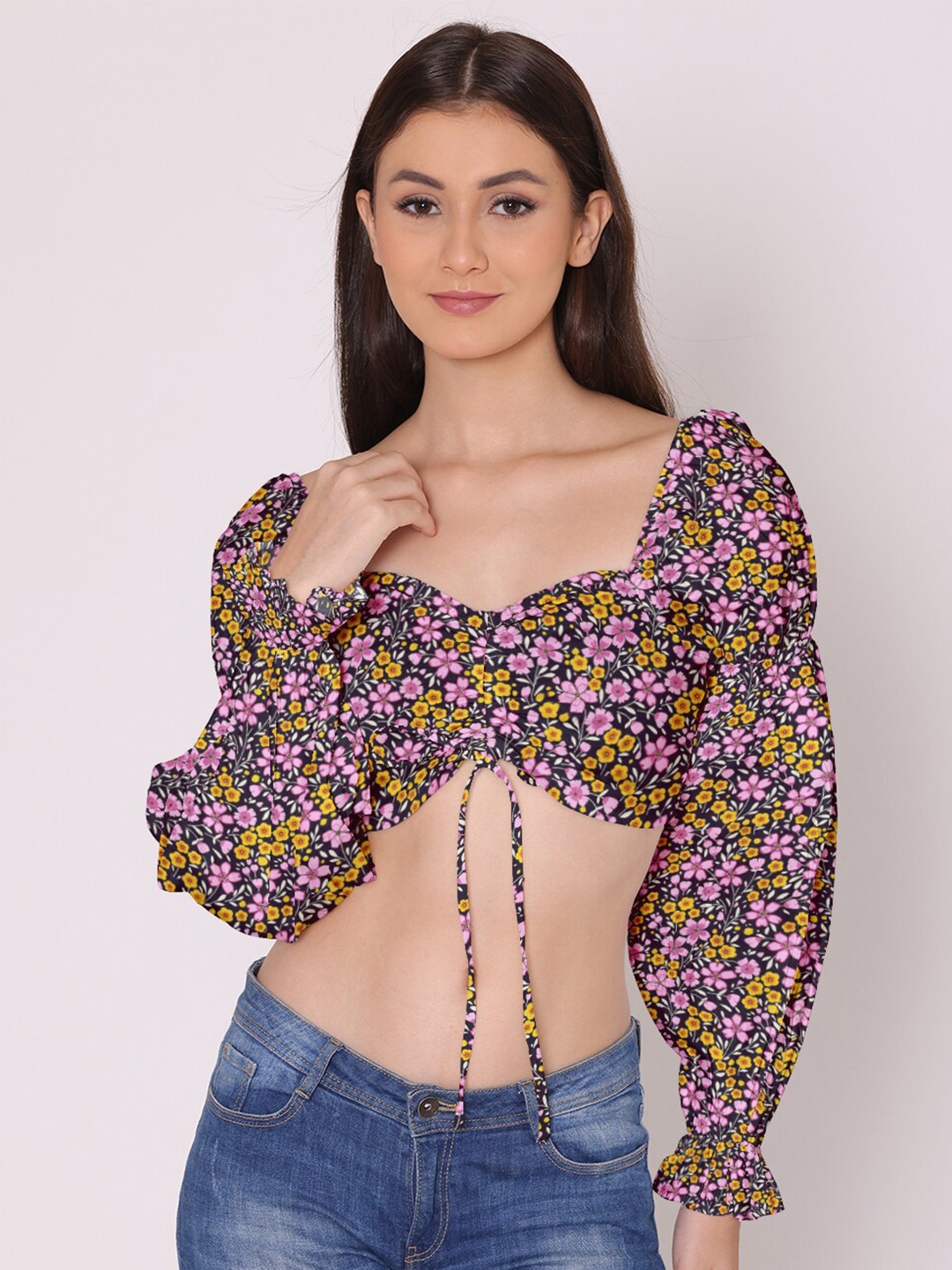 

HERE&NOW Black & Pink Floral Print Sweetheart Neck Crop Top