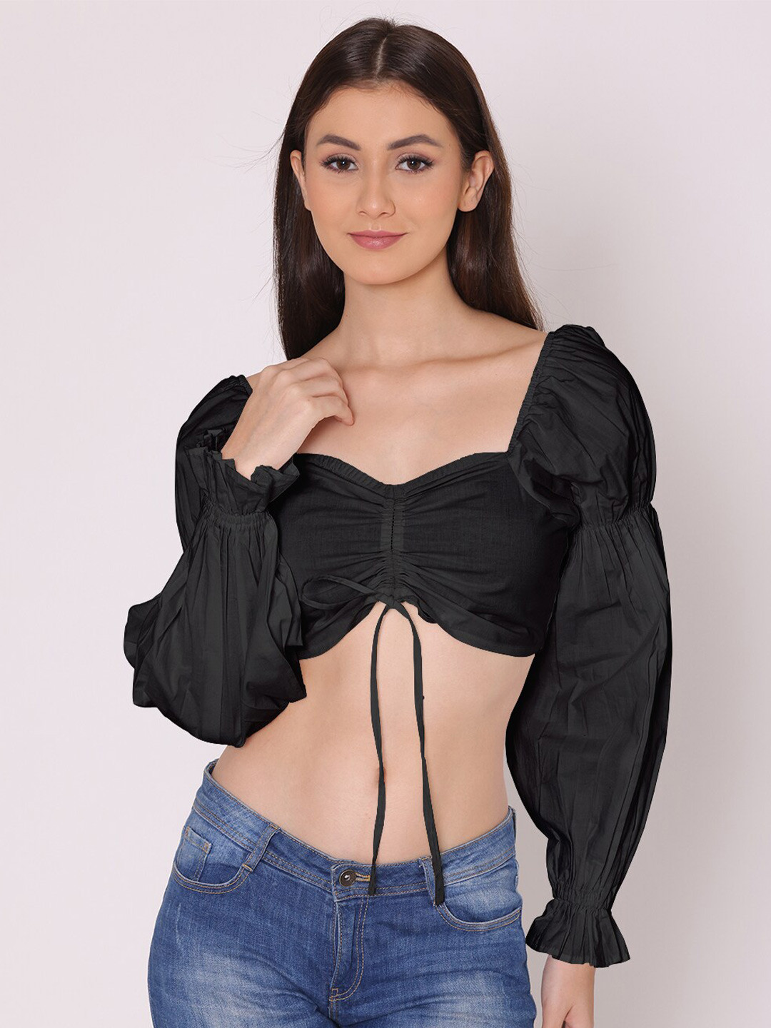 

HERE&NOW Women Black Sweetheart Neck Pure Cotton Crop Top