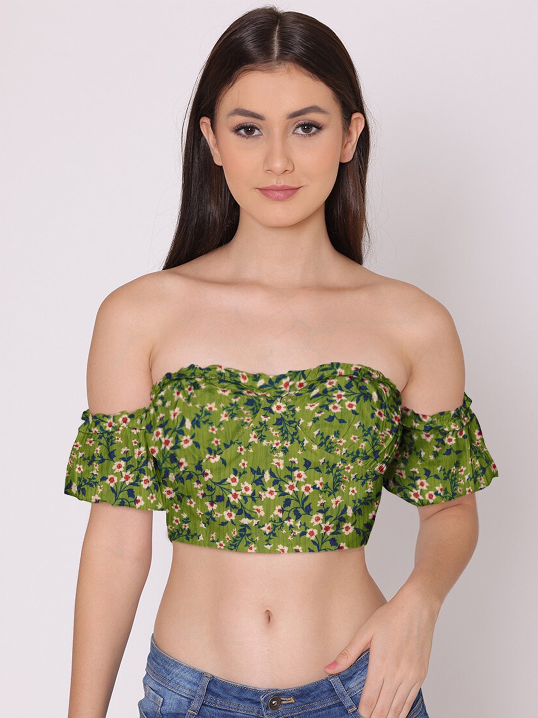 

HERE&NOW Women Green & Blue Floral Print Off-Shoulder Blouson Crop Top