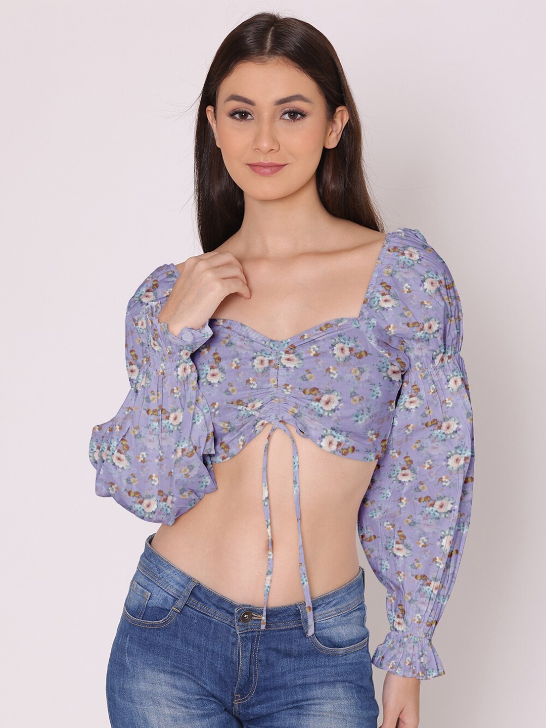 

HERE&NOW Women Lavender Floral Print Sweetheart Neck Crop Top