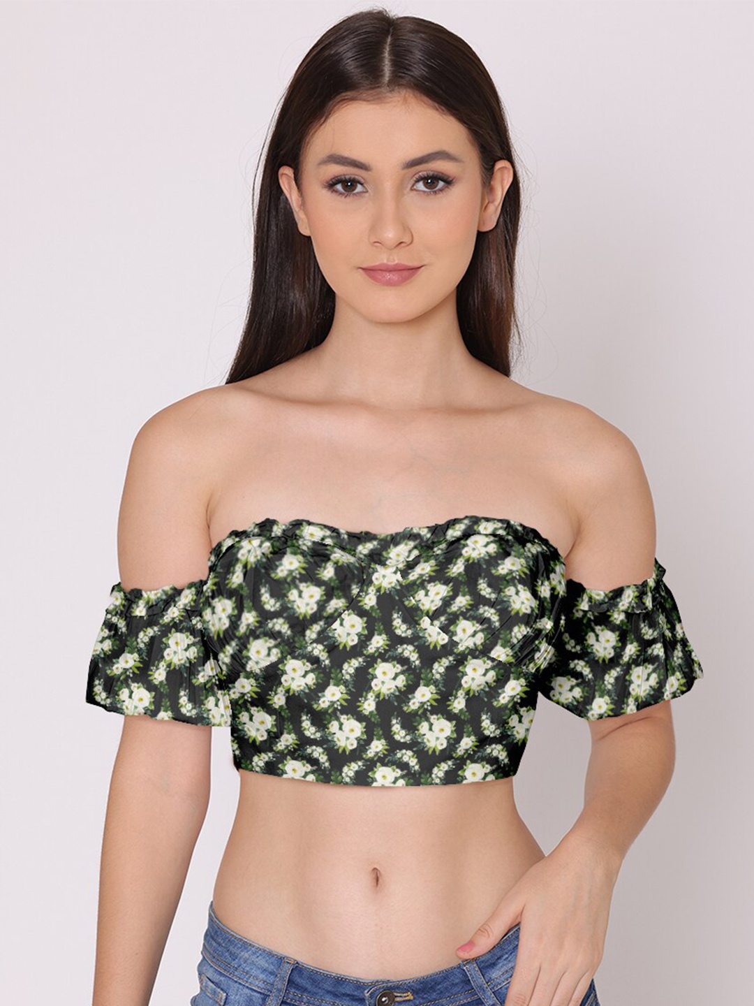 

HERE&NOW Women Black & Green Floral Print Off-Shoulder Blouson Crop Top