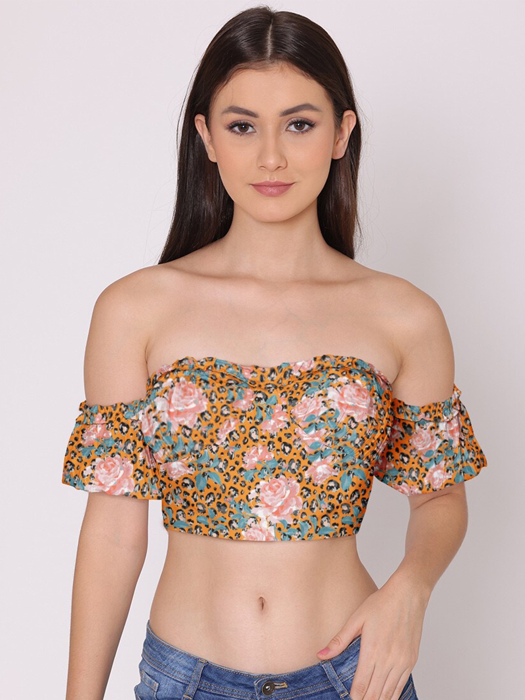 

HERE&NOW Mustard Yellow & Peach-Coloured Floral Print Off-Shoulder Bardot Crop Top