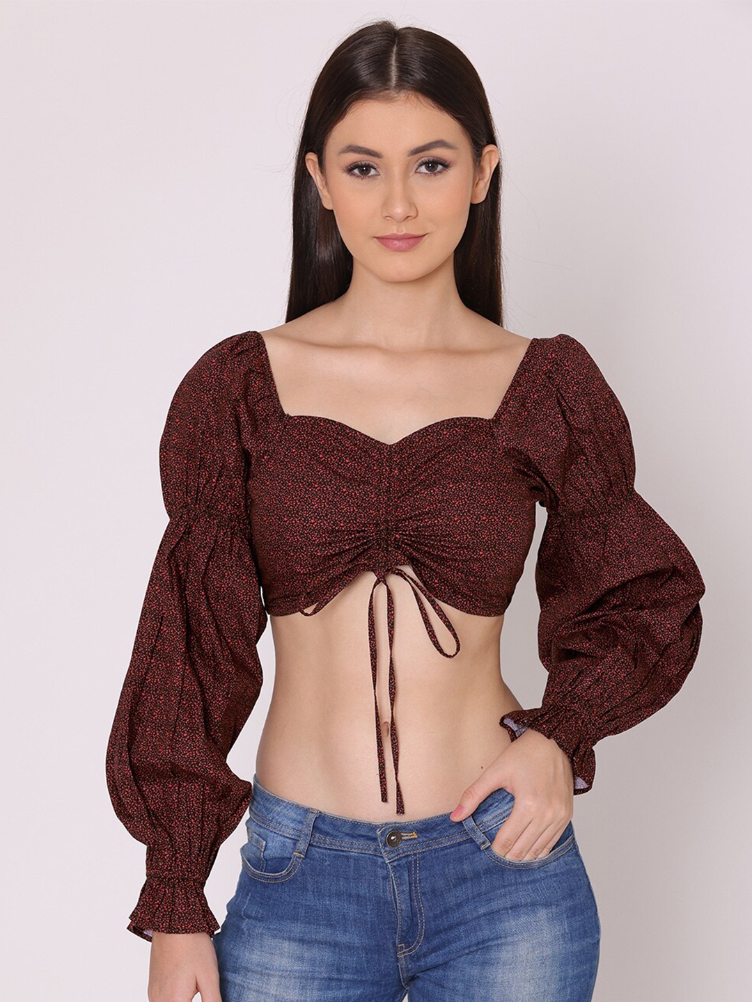 

HERE&NOW Women Black Sweetheart Neck Bishop Sleeves Bralette Crop Top