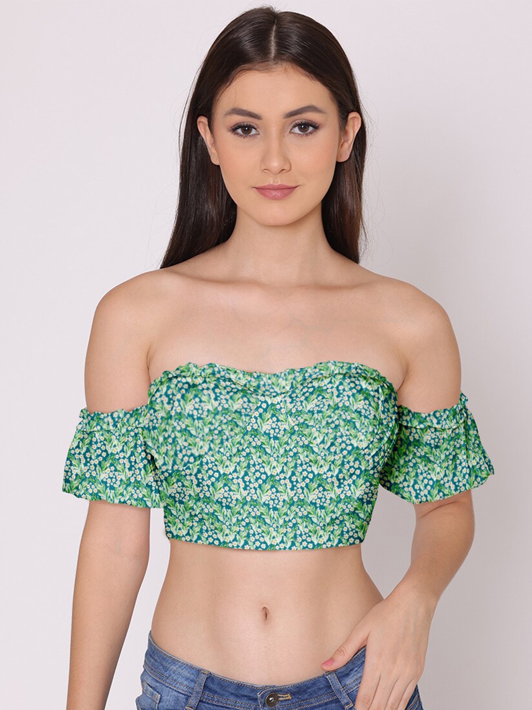 

HERE&NOW Teal Floral Print Off-Shoulder Bardot Crop Top