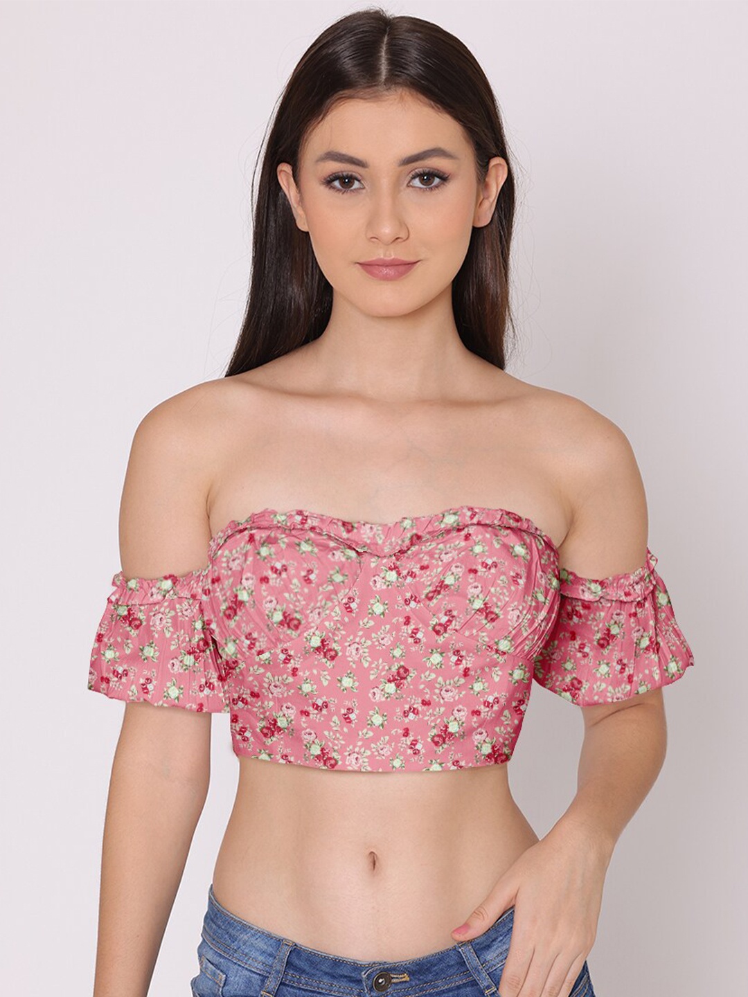 

HERE&NOW Pink & Red Floral Print Off-Shoulder Bardot Crop Top