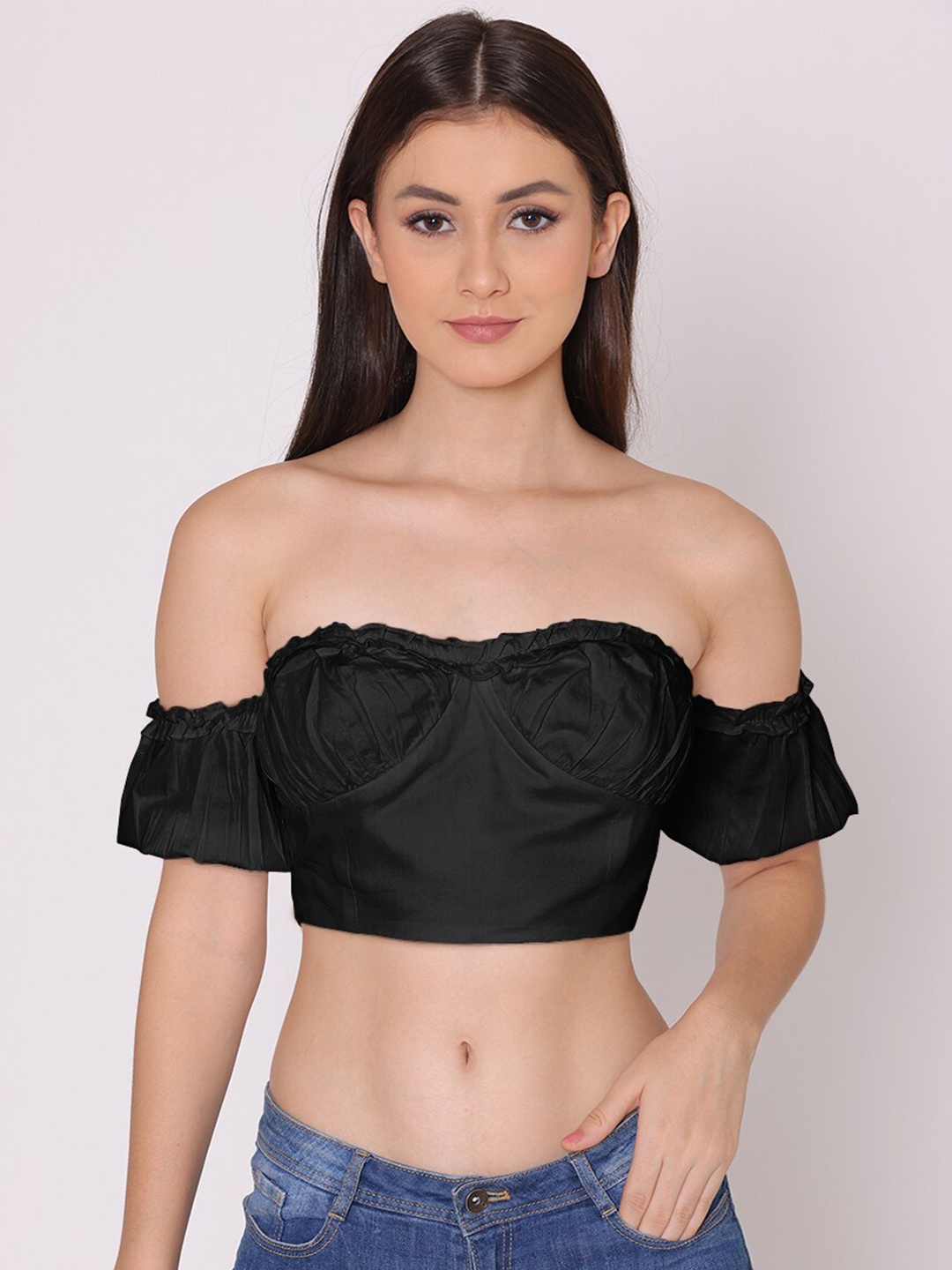 

HERE&NOW Women Black Off-Shoulder Blouson Crop Top