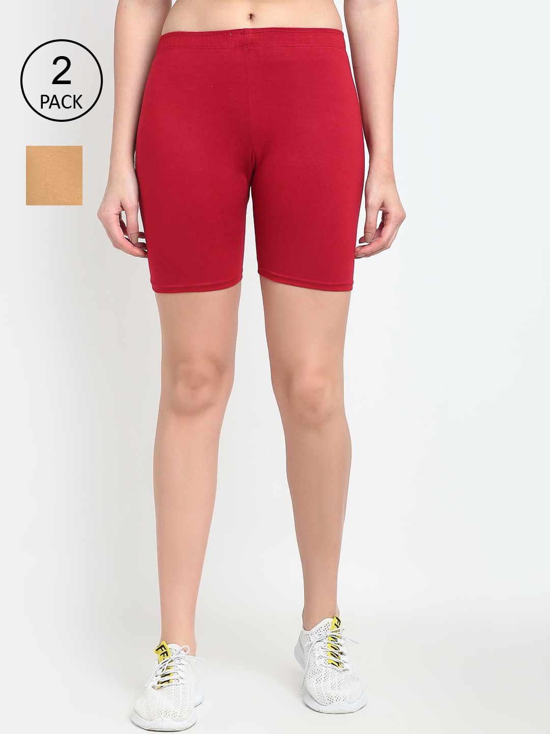 

GRACIT Women Pack Of 2 Beige & Red Solid Cycling Shorts