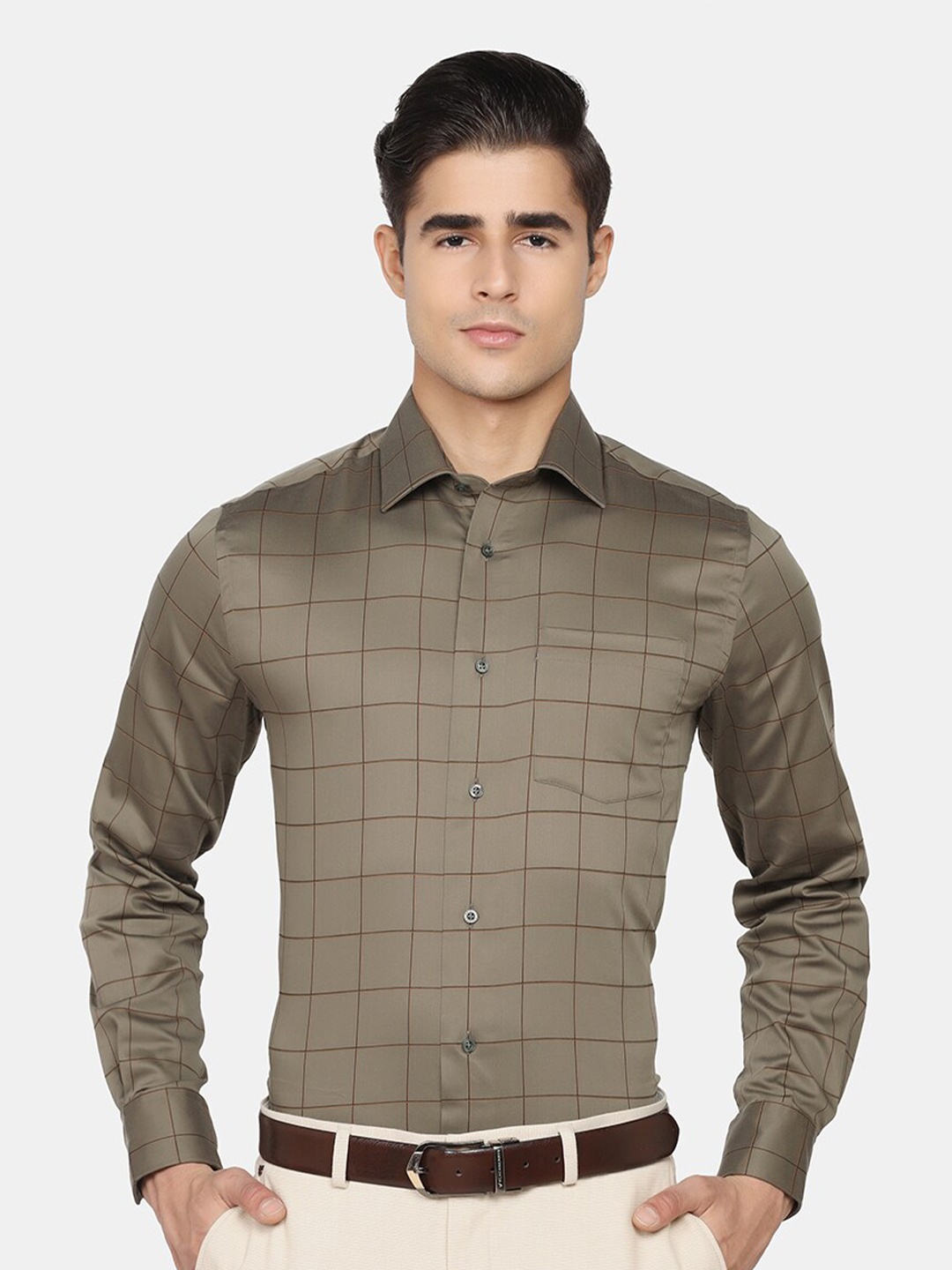 

Blackberrys Men Green Slim Fit Windowpane Checks Checked Formal Shirt