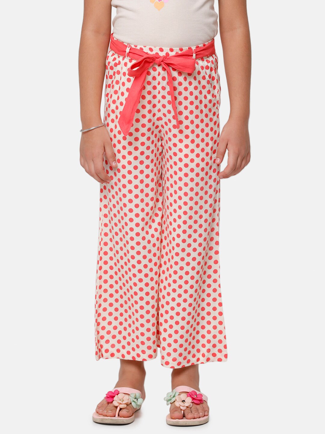 

De Moza Girls Coral & White Polka Dot Printed Palazzos