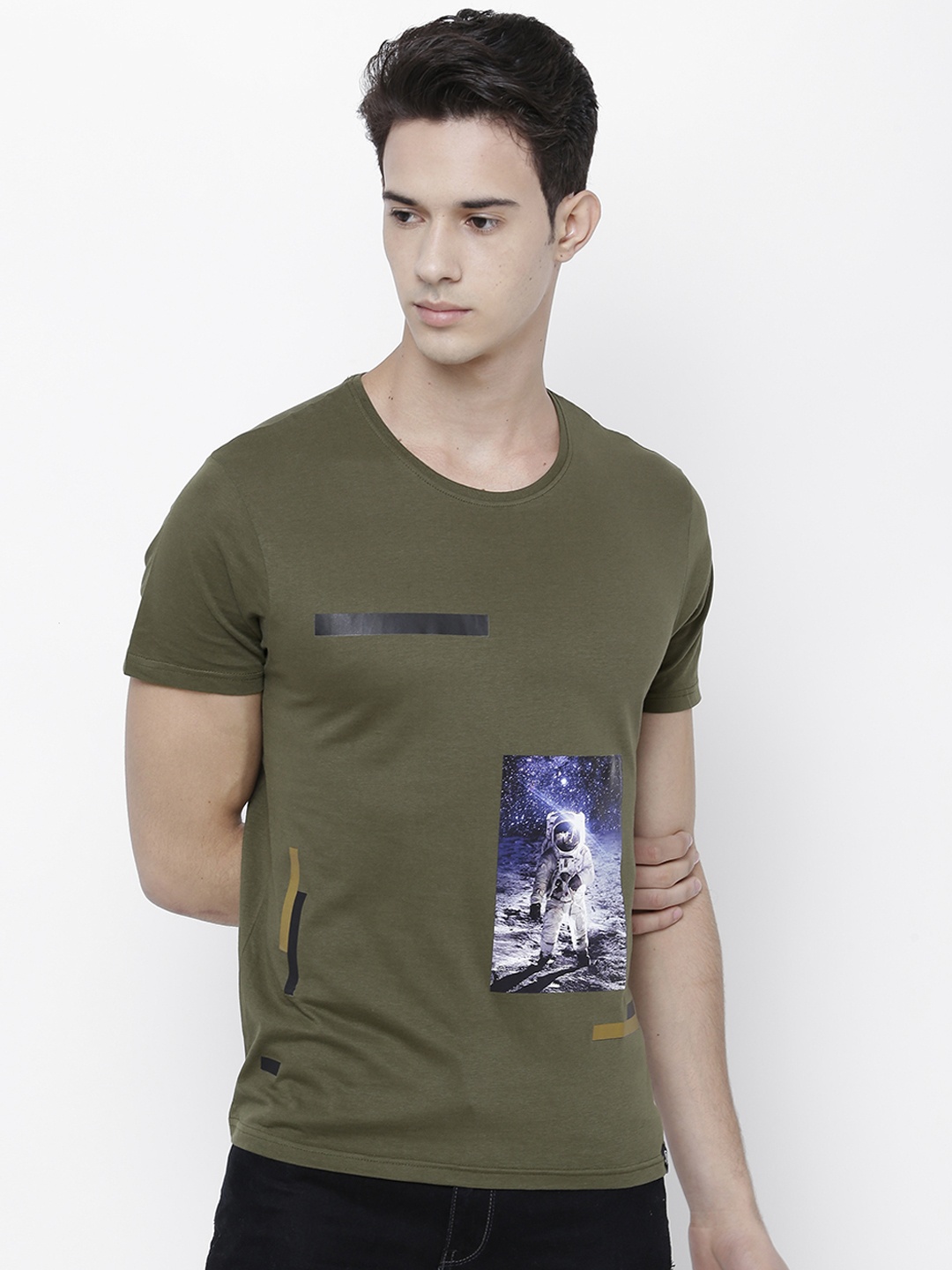 

LOCOMOTIVE Men Olive Green Printed Round Neck Slim Fit T-shirt