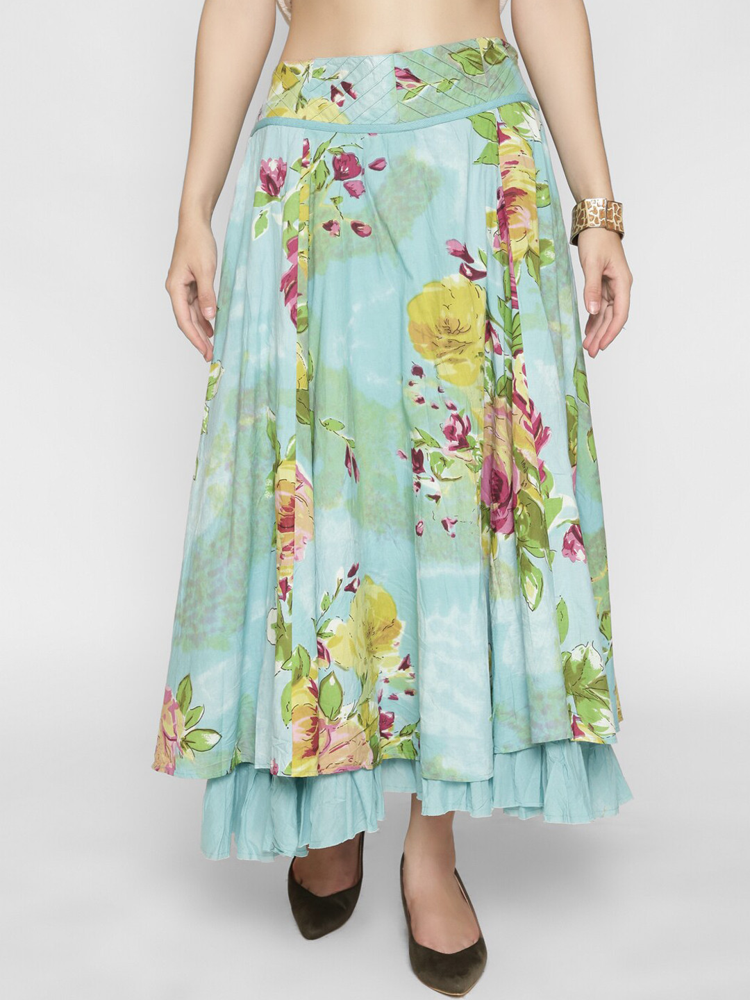 

250 DESIGNS Women Turquoise Blue Floral Printed Midi Flared Skirts