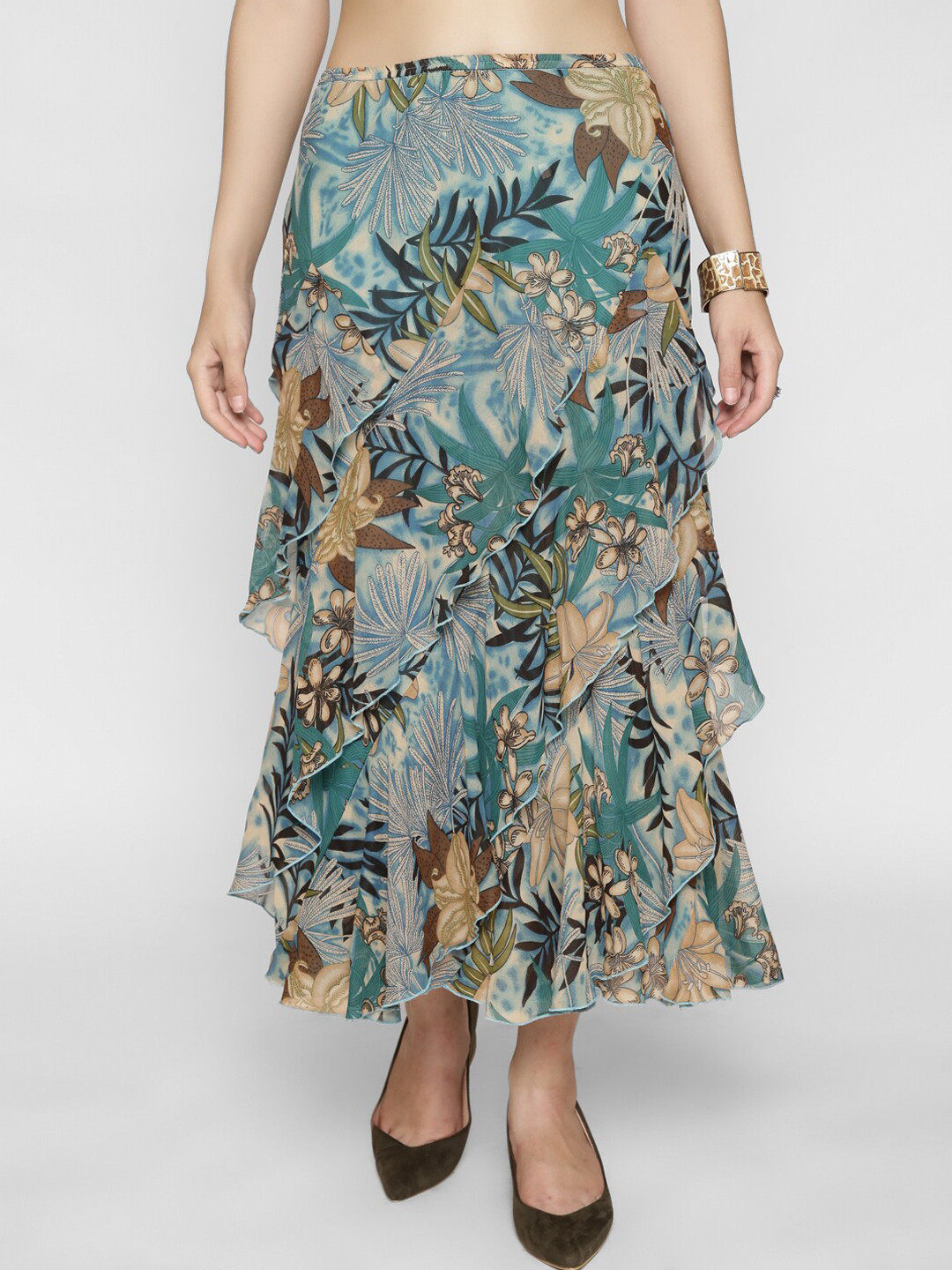 

250 DESIGNS Women Blue & Green Floral Printed Layered Maxi Skirt