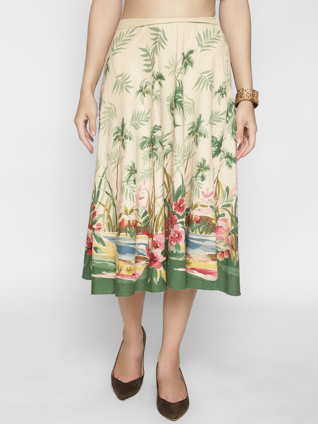 

250 DESIGNS Women Beige & Green Tropical Print A-Line Floral Midi Skirt